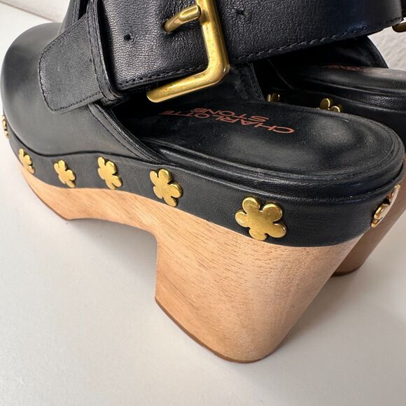 Charlotte Stone Hari Slingback High Heel Clog Size 7 Black Leather Gold Flower - Picture 3 of 10